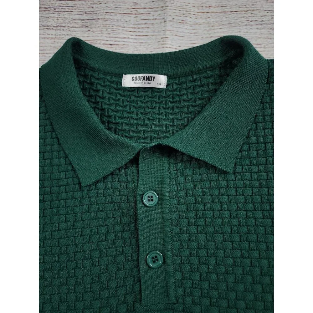 Coofandy Polo Collar Sweater Size XXL Crosshatch Textured Pattern Green